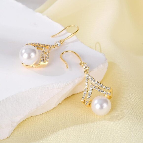 Pearl Drop Earrings for Women 14K Gold Plated Sterling Silver Dainty Dangle Gift - Picture 3 of 6